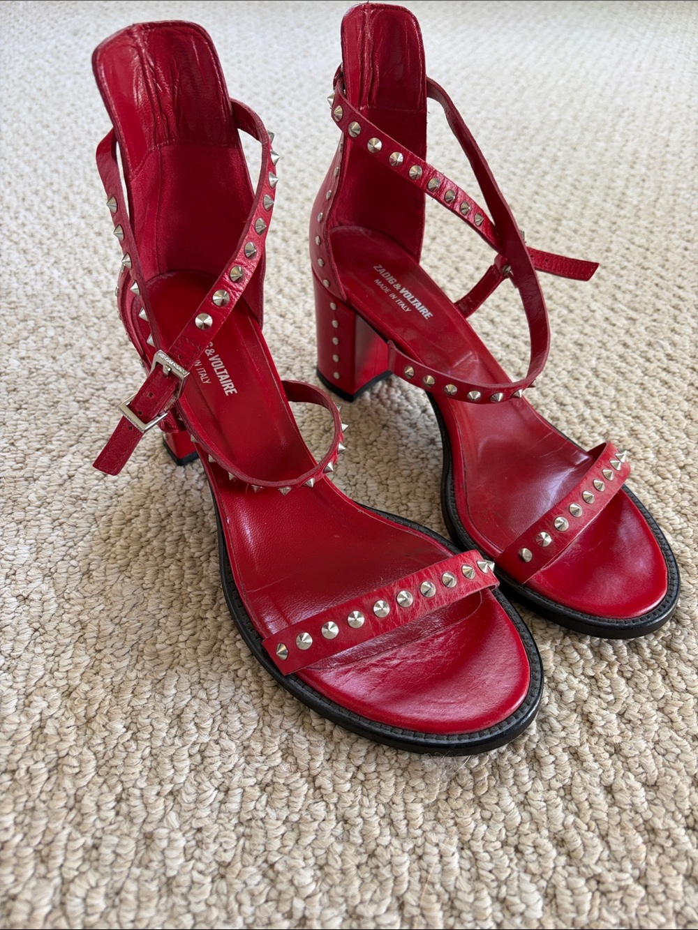 Zadig & Voltaire May Red Studded Block Heel Sandals 38